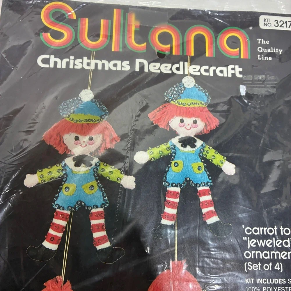 Vintage Sultana Christmas Ornament Kit Multi Carrot Tops Jeweled Felt 32175